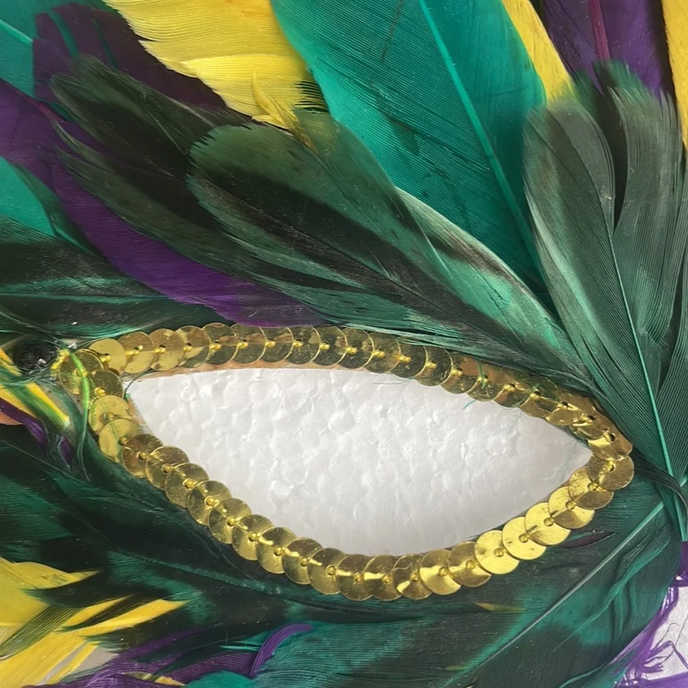 Feather mask sequins purple yellow green Halloween Mardi Gras cosplay theater